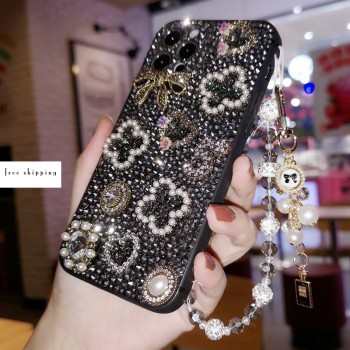 Handmade Crystal Phone Case for iPhone 14 15 Plus Pro Max Case Glitter Bling Phone Cover Luxury Crystal Black Rhinestone