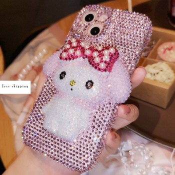 Handmade Crystal Phone Case for iPhone 14 15 Plus Pro Max Case Glitter Bling My Melody iPhone Cover Luxury Crystal Rhinestone