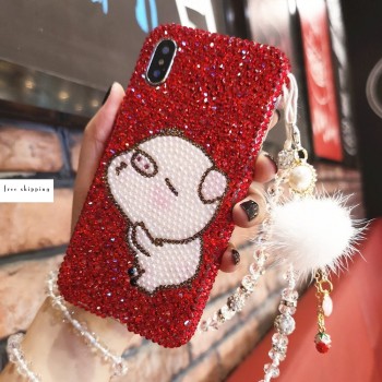 Handmade Crystal Phone Case for iPhone 14 15 Plus Pro Max Case Glitter Bling Piggy Phone Cover Luxury Shiny Crystal Rhinestone