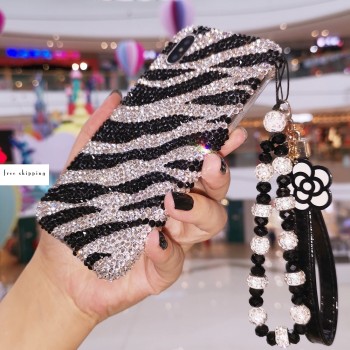 Handmade Crystal Phone Case for iPhone 14 15 Plus Pro Max Case Glitter Bling Zebra Pattern Luxury Crystal Diamond Rhinestone