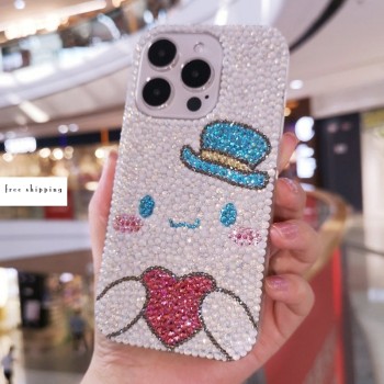 Handmade Crystal Phone Case for iPhone 14 15 Plus Pro Max Glitter Bling Sanrio Cinnamoroll Phone Cover Luxury Crystal Rhinestone