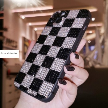 Handmade Crystal Phone Case for iPhone 14 15 Plus Pro Max Case Glitter Bling Black & White Check Phone Cover Luxury Rhinestone