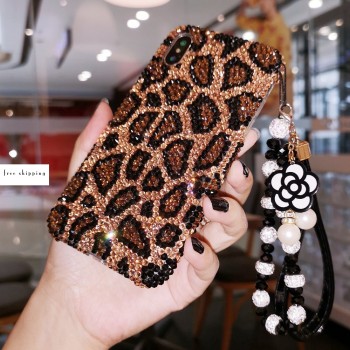 Handmade Crystal Phone Case for iPhone 14 15 Plus Pro Max Case Glitter Bling Leopard Pattern Luxury Crystal Rhinestone