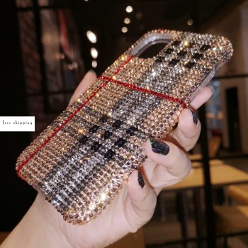 Handmade Crystal Phone Case for iPhone 14 15 Plus Pro Max Case Glitter Bling Brand Check Phone Cover Luxury Crystal Rhinestone