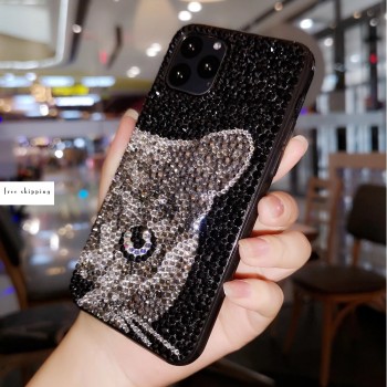 Handmade Crystal Phone Case for iPhone 14 15 Plus Pro Max Case Glitter Bling Cathead Phone Cover Luxury Shiny Crystal Rhinestone