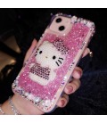 Handmade Crystal Phone Case for iPhone 14 15 Plus Pro Max Case Glitter Flowing Neon Sand Liquid Hello Kitty Bling Quicksand