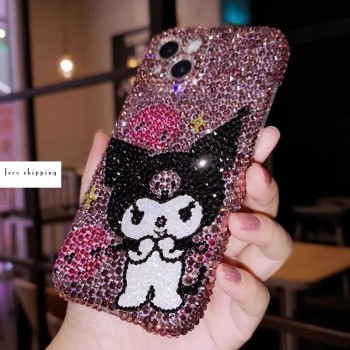 Handmade Crystal Phone Case for iPhone 14 15 Plus Pro Max Case Glitter Bling Sanrio Kuromi Phone Cover Luxury Crystal Rhinestone