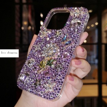Handmade Crystal Phone Case for iPhone 14 15 Plus Pro Max Case Glitter Bling Flower Phone Cover Luxury Shiny Crystal Rhinestone