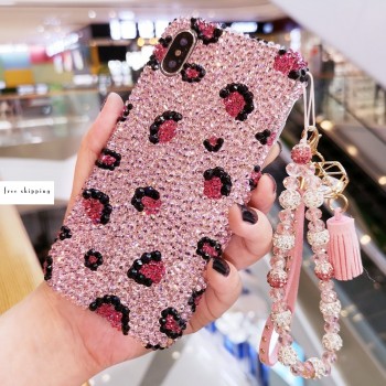 Handmade Crystal Phone Case for iPhone 14 15 Plus Pro Max Case Glitter Bling Pink Leopard Luxury Crystal Diamond Rhinestone