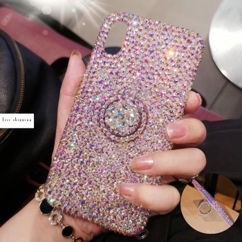Handmade Crystal Phone Case for iPhone 14 15 Plus Pro Max Case Glitter Bling Ring Stand Phone Cover Luxury Crystal Rhinestone